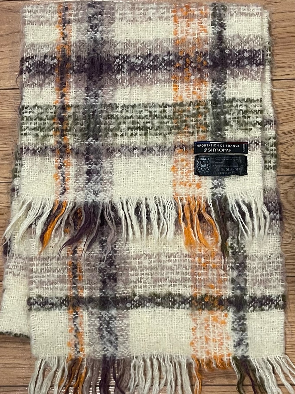 Mohair blend Cream Plaid Fringe scarf with crean Green, Orange, purple Accents